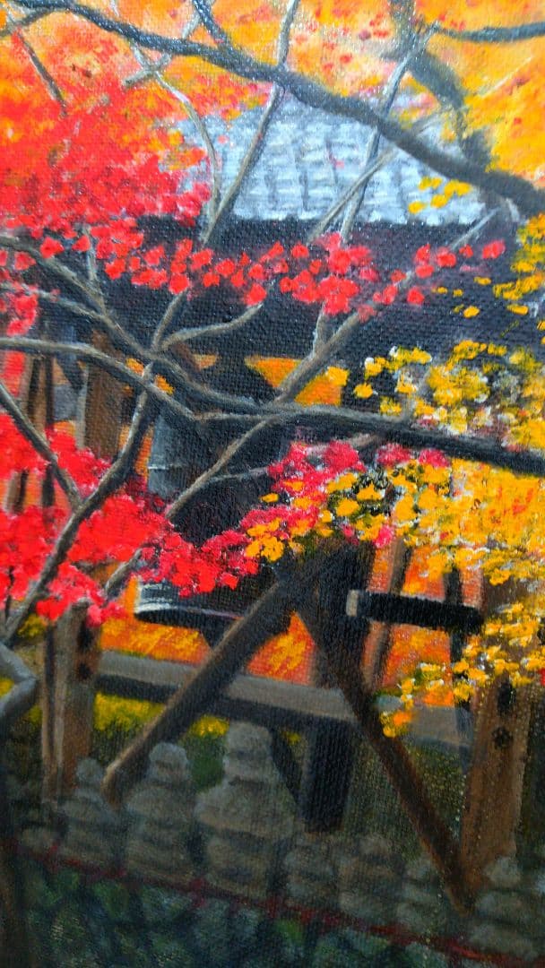 油彩 秋の京都「化野念仏寺」風景画 油絵 油彩画 絵 絵画 寺 原画 P30号