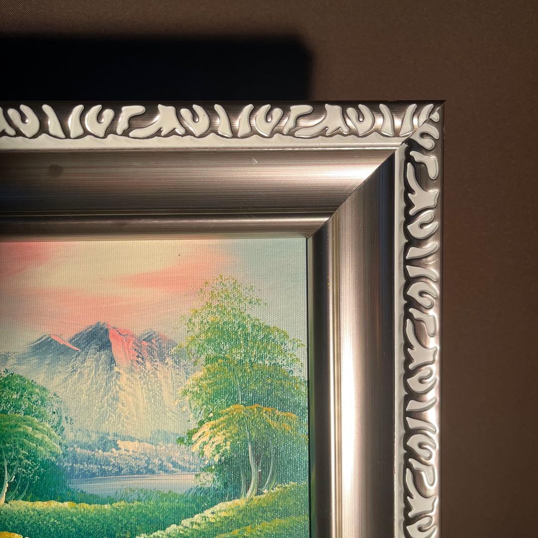 手書き油絵 ３枚組 朝日と山河 額付 額付き 絵画 インテリア 油彩画