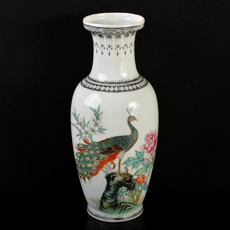 中国　景徳鎮製　粉彩　漢詩孔雀牡丹文瓶　C　6620