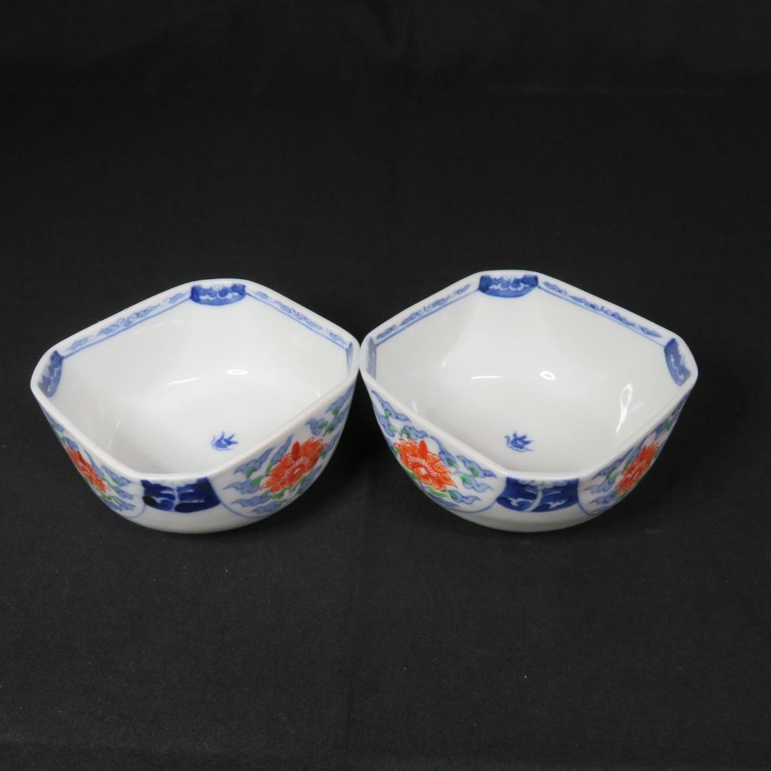 向付 2客 色絵付 染付 古伊万里 角向付 唐花 南州 銘