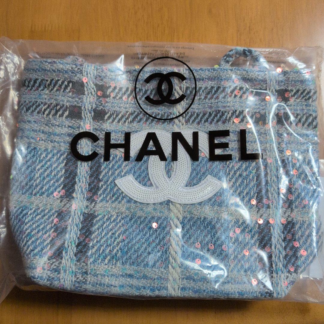 CHANELシャネル ココマークツイードスパンコール トートバッグ ブルー