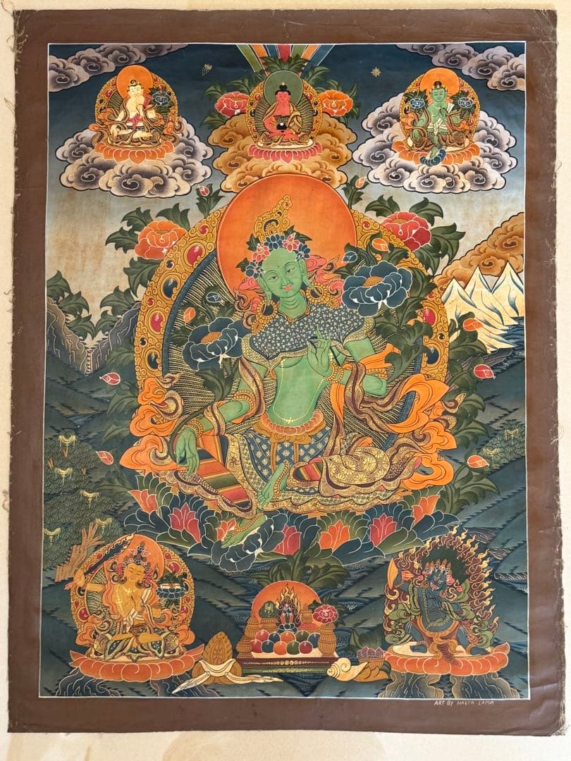 グリーンターラ　観音　西蔵 タンカ　絹本　肉筆　仏画　仏教美術 チベット 原画