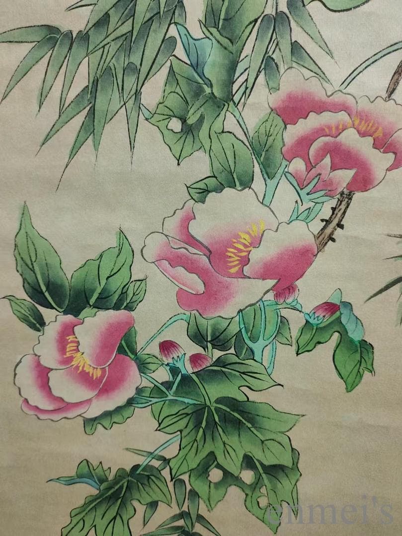 中国古美術.近代.孔小瑜款.花鳥図.宣紙.三尺手描き.水墨画.掛け軸.唐物.文房