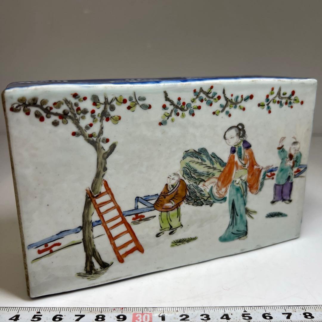 中国清時代　新渡粉彩　陶枕　幅18㎝　東な7-1221☆2F