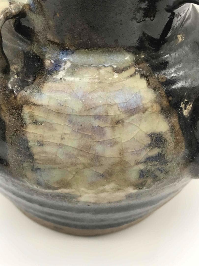 唐時代　黒釉鉄斑壺　双係瓶　水注　水差し　水指　海鼠釉　時代物(A-50)