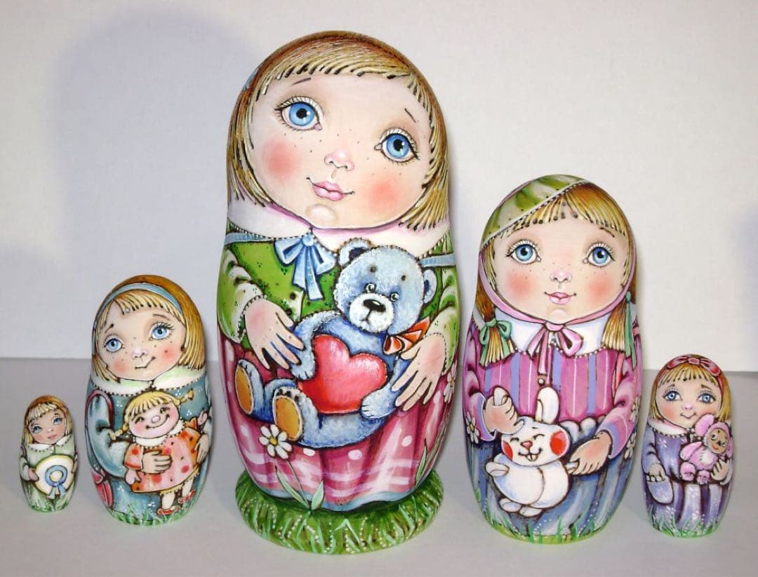 ロシア雑貨☆『Teddy bear』ウッドバーニング マトリョーシカ5P ミラ作