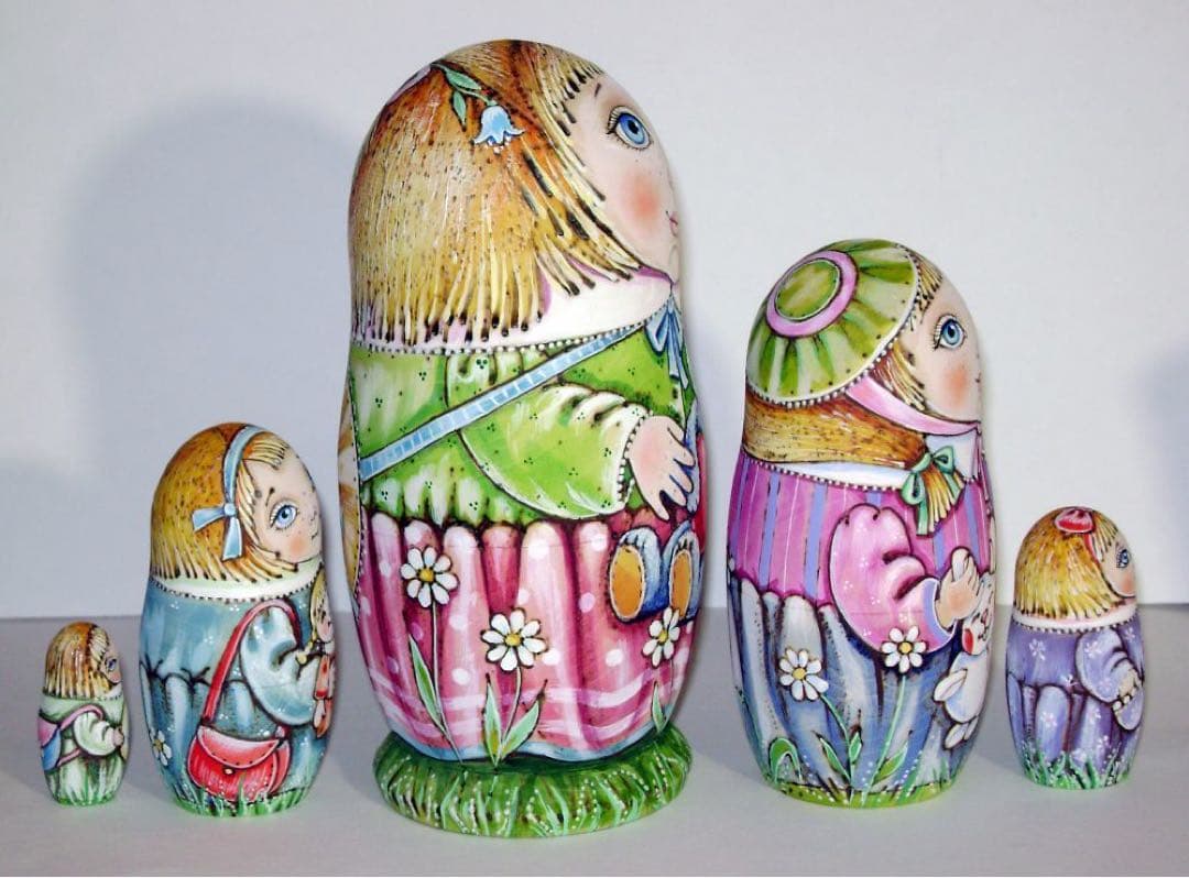 ロシア雑貨☆『Teddy bear』ウッドバーニング マトリョーシカ5P ミラ作