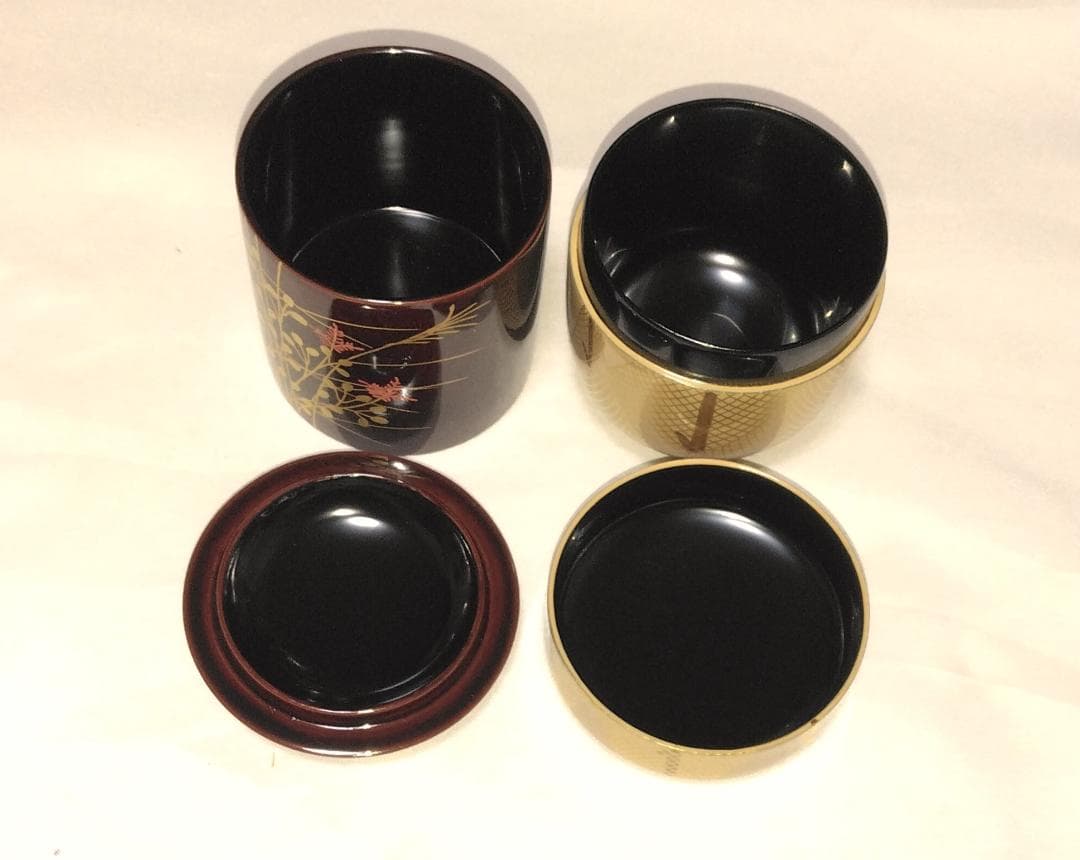 茶道具　中村湖彩作　四季棗の内　夏棗網干蒔絵白棗　秋棗秋草蒔絵秋棗　二点　美品！