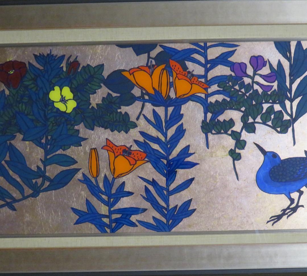 佐田　勝　「作品」（野の花・鳩）　ガラス絵　98×28cm　≪真作≫　MC