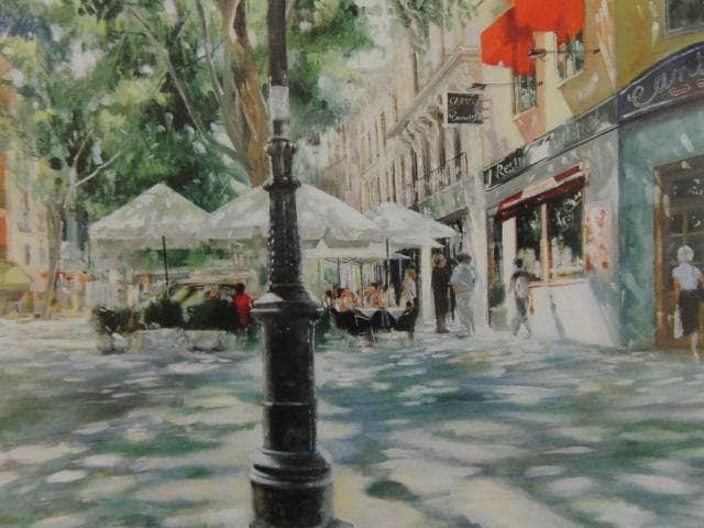 大場再生、緑陰のカフェ、希少な画集より、新品高級額・額装付、状態良好