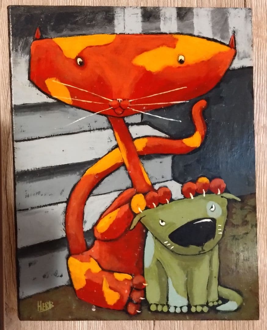 アメリカ人画家　terry　herb作　仔犬をからかって　アクリル画