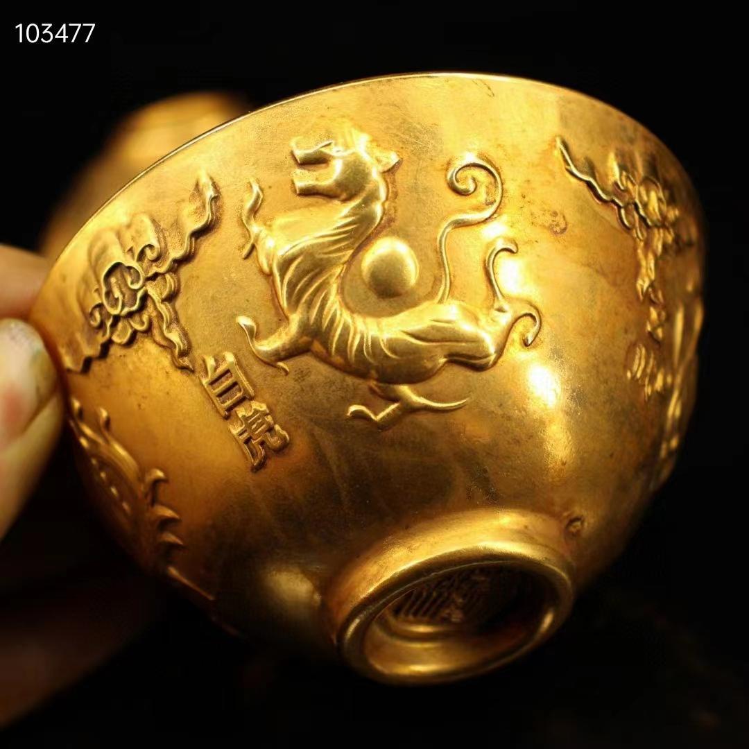 中国古美術・旧蔵收・純銅・純手作り・鎏金四神獣供碗一セット・ 茶道具・置物・食器