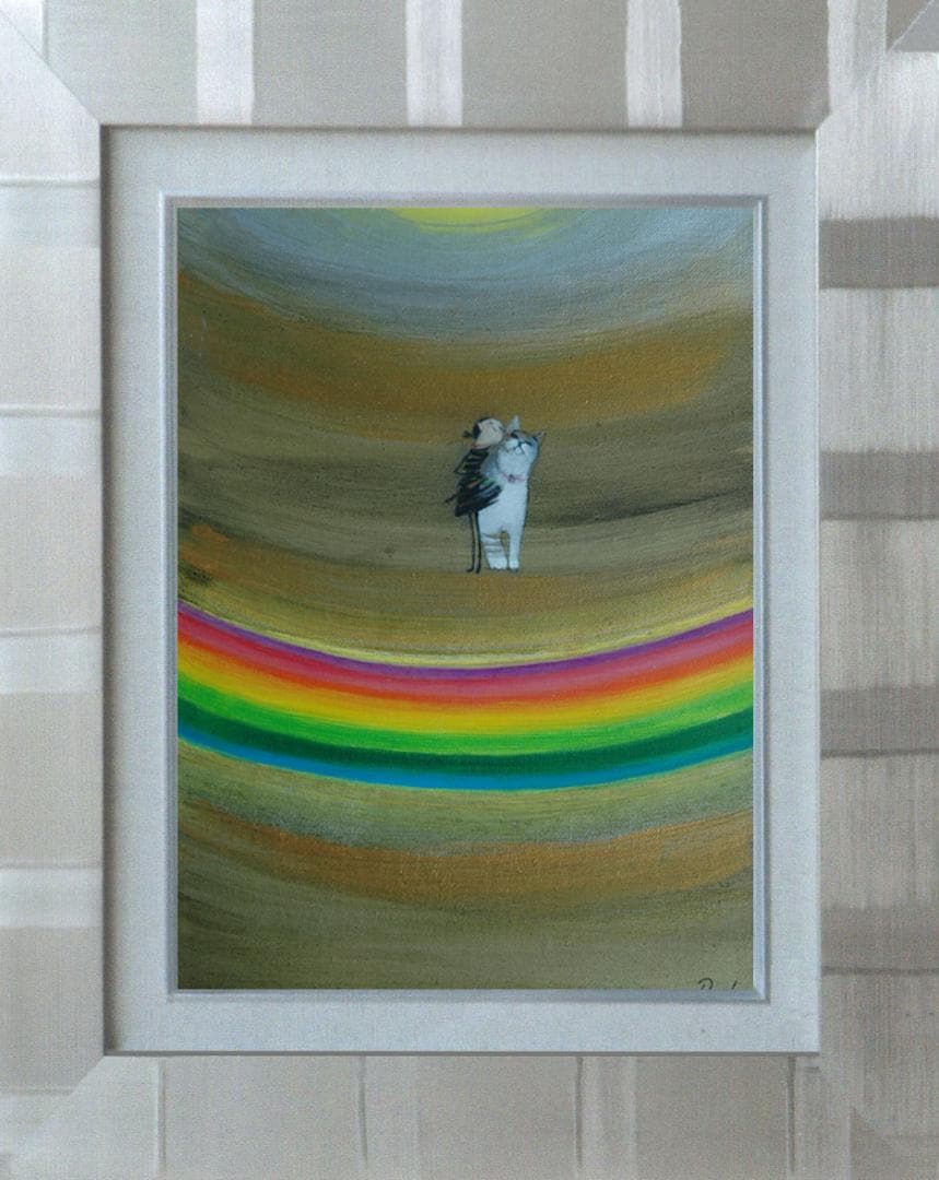 油絵 菅家令子絵 絵画インテリア額付(青緑＋金色の枠)F3-030919猫犬女子