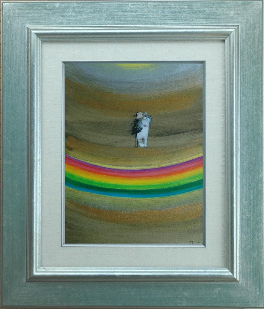 油絵 菅家令子絵 絵画インテリア額付(青緑＋金色の枠)F3-030919猫犬女子