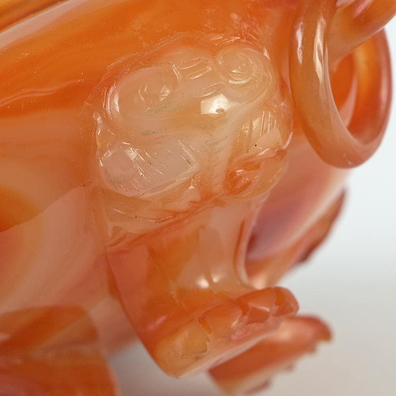 中国　赤瑪瑙彫刻　雙耳活環　獅子鈕蓋爐　香炉　D　R9079