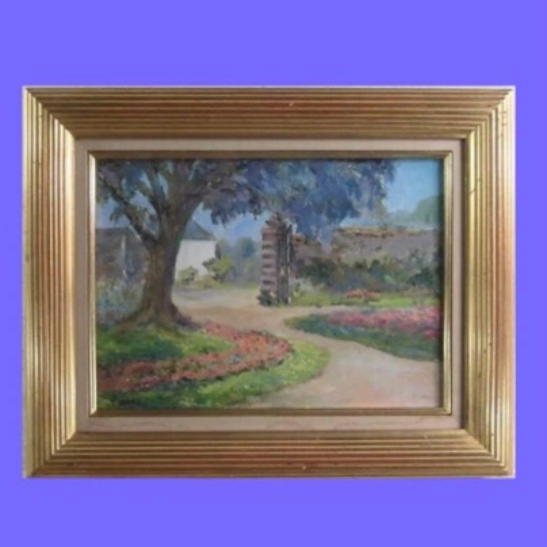 森敬介 油彩 F4号 一水会委員 真作 額付 夏の庭・ツール