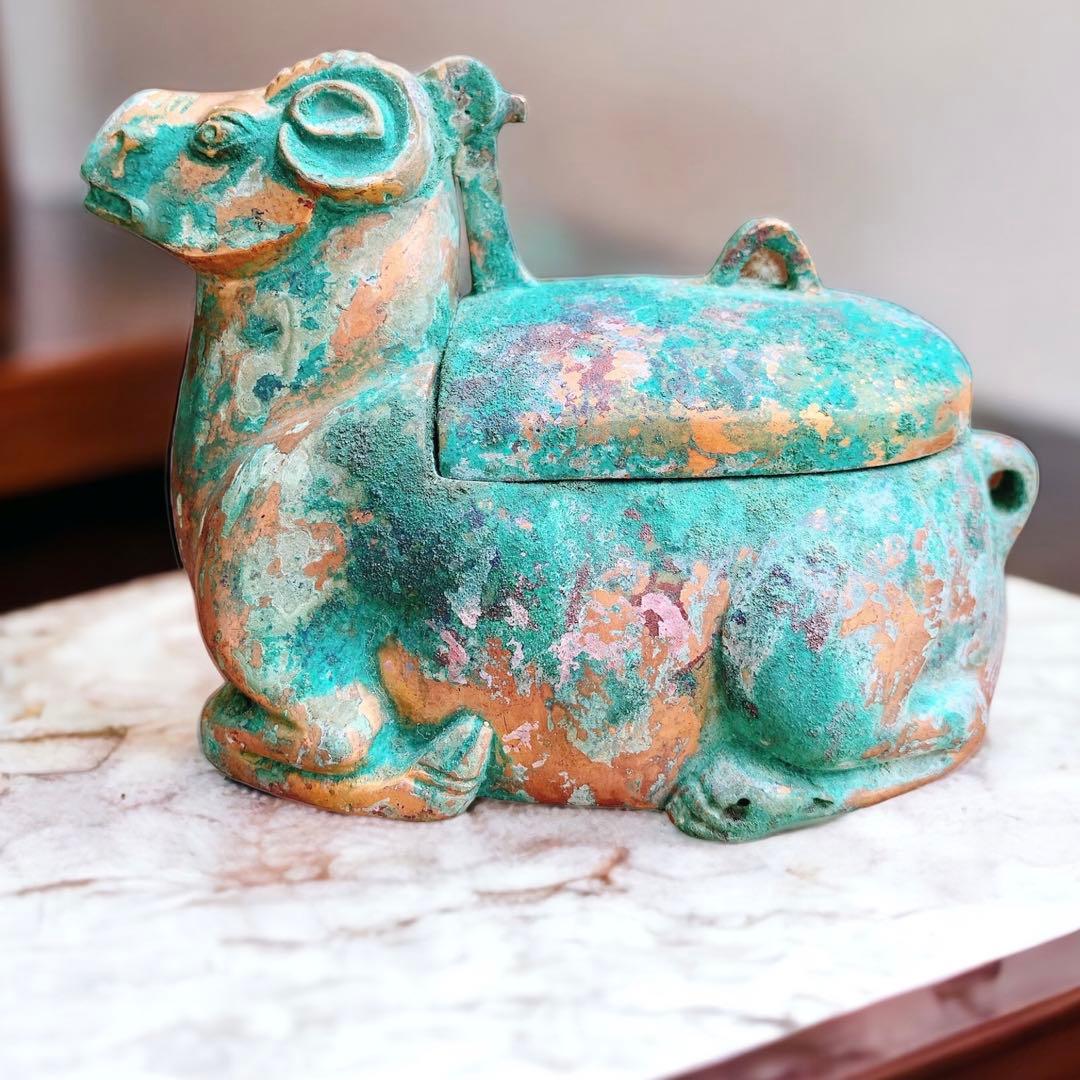 香炉　青銅器　中国　骨董品　古美術　神獣文形　羊　未　ロウソク立て？