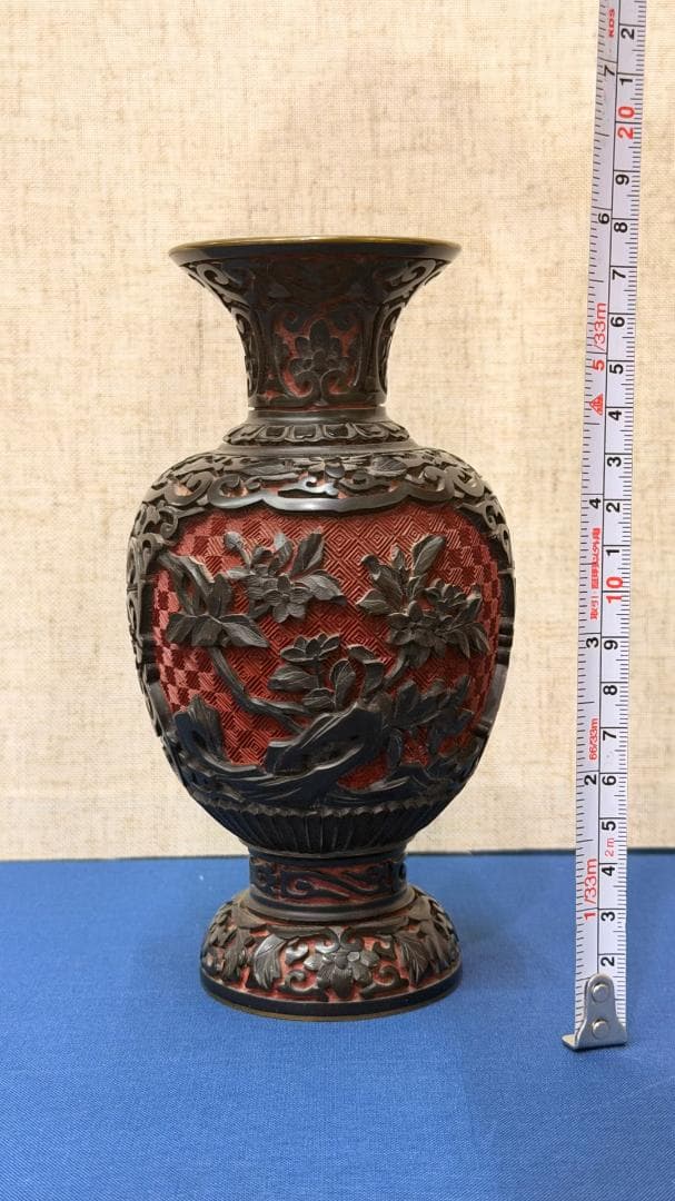 【一点物・古美術】 銅製 堆朱意匠 花鳥文 装飾花瓶｜完形美品