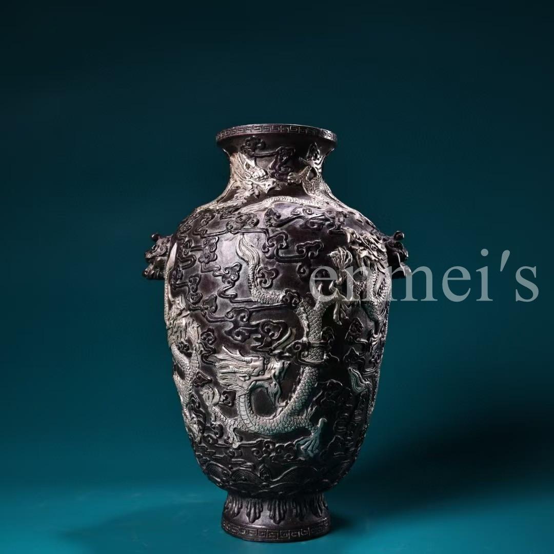 中国古美術・旧蔵・純銅鎏銀盤龍の花瓶・鏨刻・置物・純手彫り・禮品・文房具・賞物