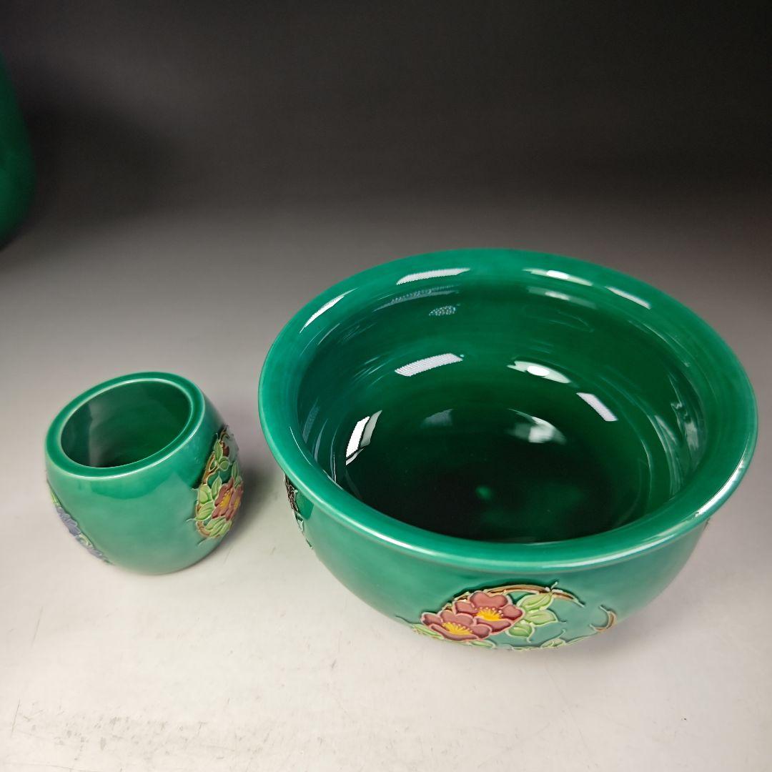 イ987 皆具『中村翠嵐窯』『青交趾　花丸　皆具　共箱』茶道具　水指　健水　蓋置