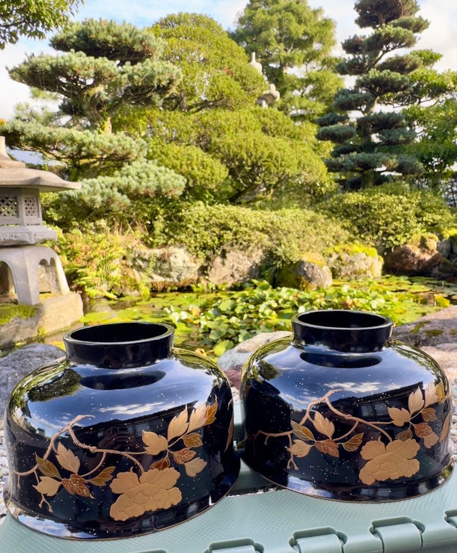 美品　漆塗り　会津塗り　茶碗　龍2客セット