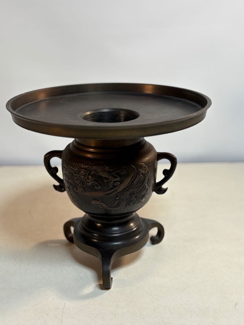 薄端 唐銅 龍 虎 模様　三脚　華道具　花器　茶道具　古道具