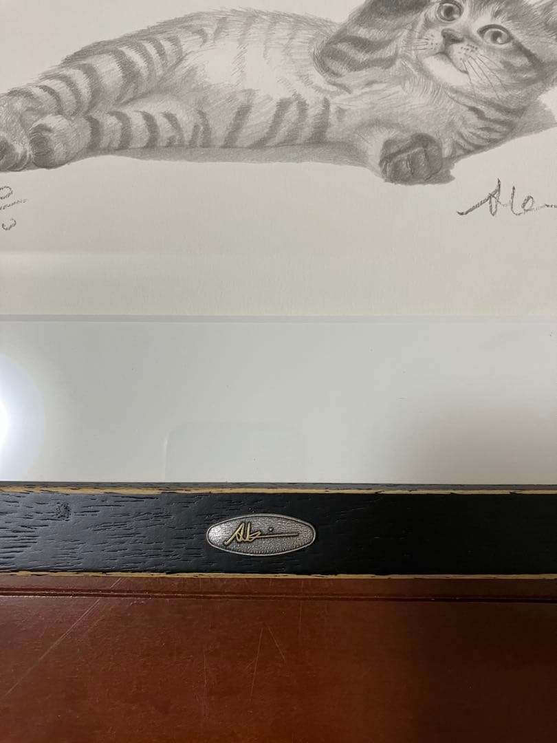 八代亜紀絵画　猫と紙ふうせん　木製フレーム付