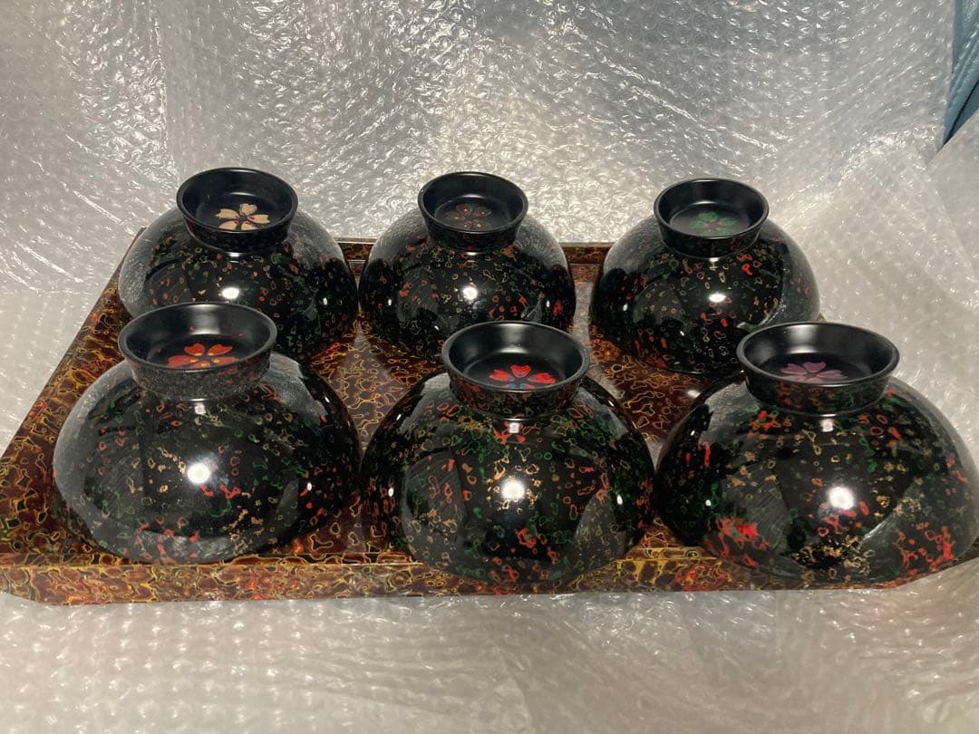 伝統工芸津軽漆　手描き桜汁椀　お盆