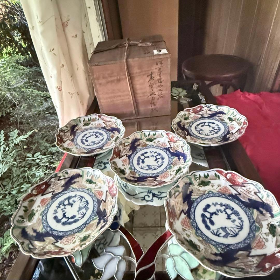 2226様感謝‼️最強運GOLD伊万里錦手　帆かけ舟❌山水❌米俵　在銘八寸皿2客