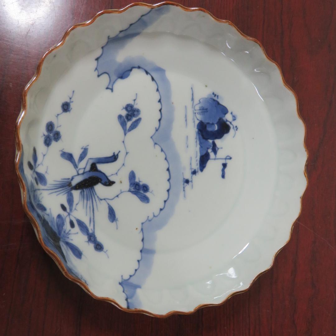 皿 2枚 染付 鳥 花 島 海 窯傷 明治 大正 その1