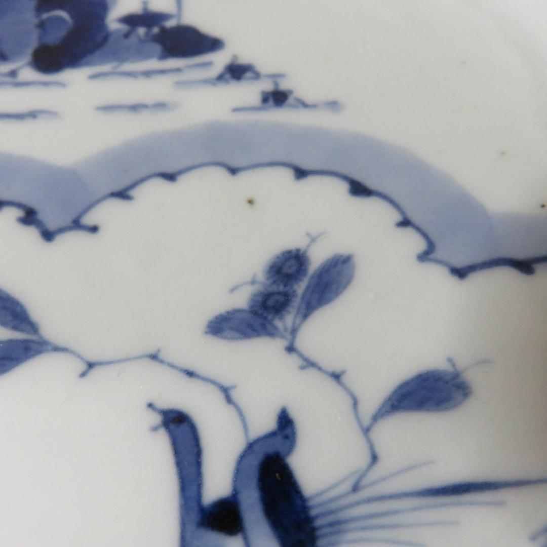 皿 2枚 染付 鳥 花 島 海 窯傷 明治 大正 その1