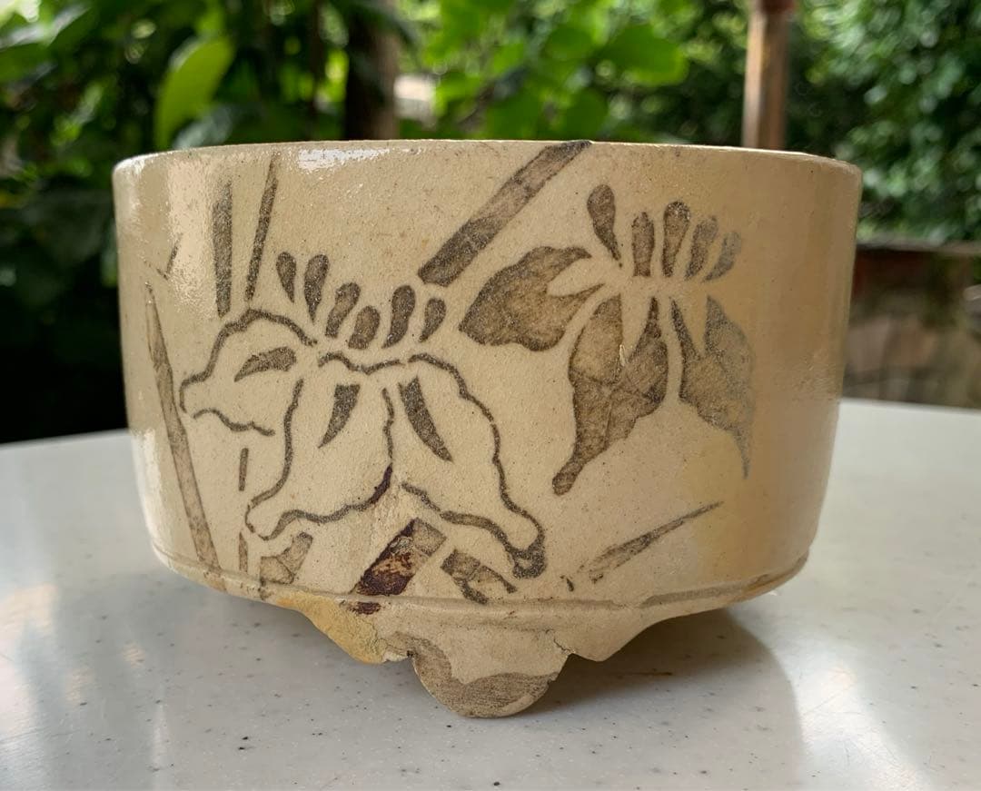 希少　江戸時代　美濃　鉄摺絵　菖蒲図　三足　野香炉