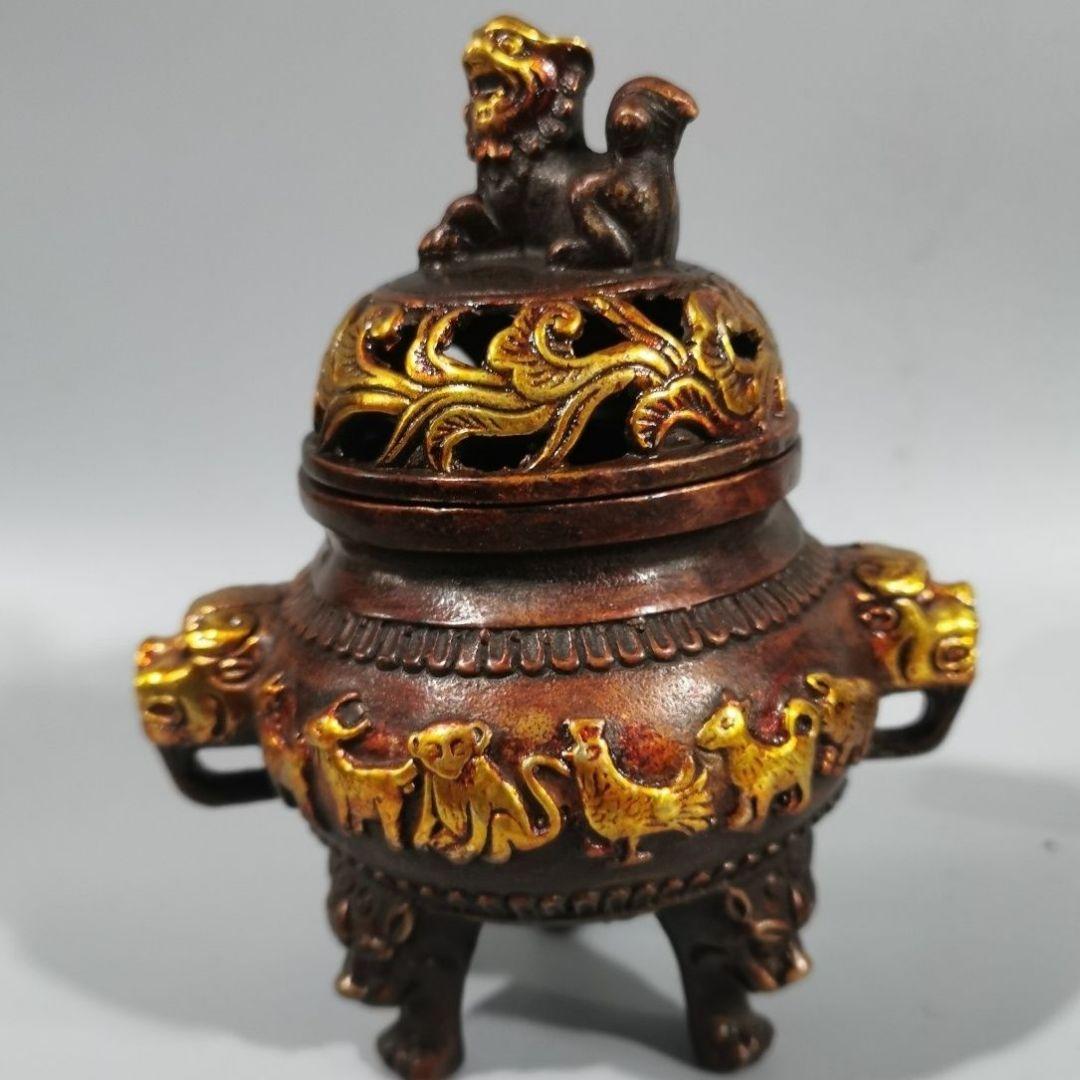 銅製 十二支薫香炉 三足檀香炉 仏具 香道具 工芸品 美術品 置物