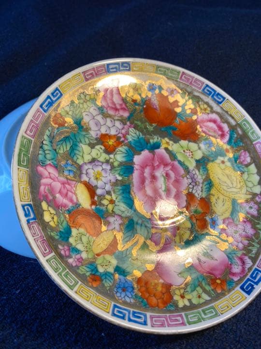 中国古美術品、牡丹花紋描金皿二枚、