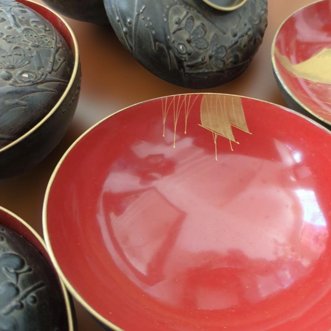 今ちゃん　骨董　お椀　会津塗　鉄錆塗り螺鈿　10つ