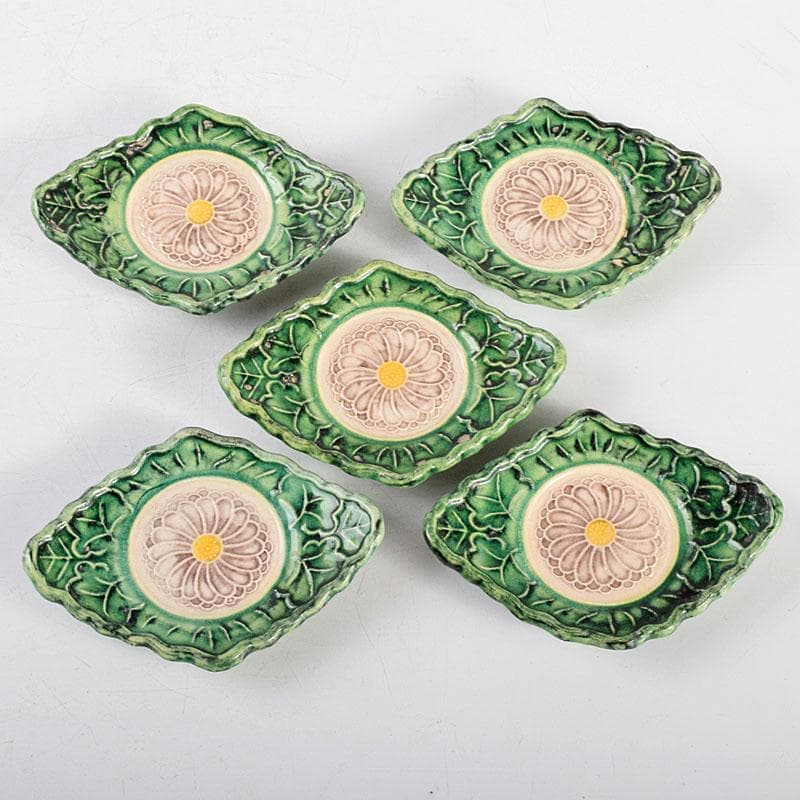 讃岐源内焼　交趾焼　三彩釉　菊文茶托　五客　M　R4637