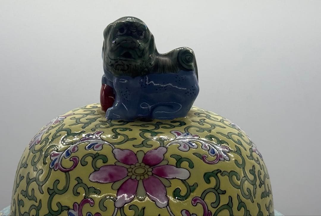 中国　清時代　粉彩　獅子摘み　花鳥紋大壺　送料込み251224