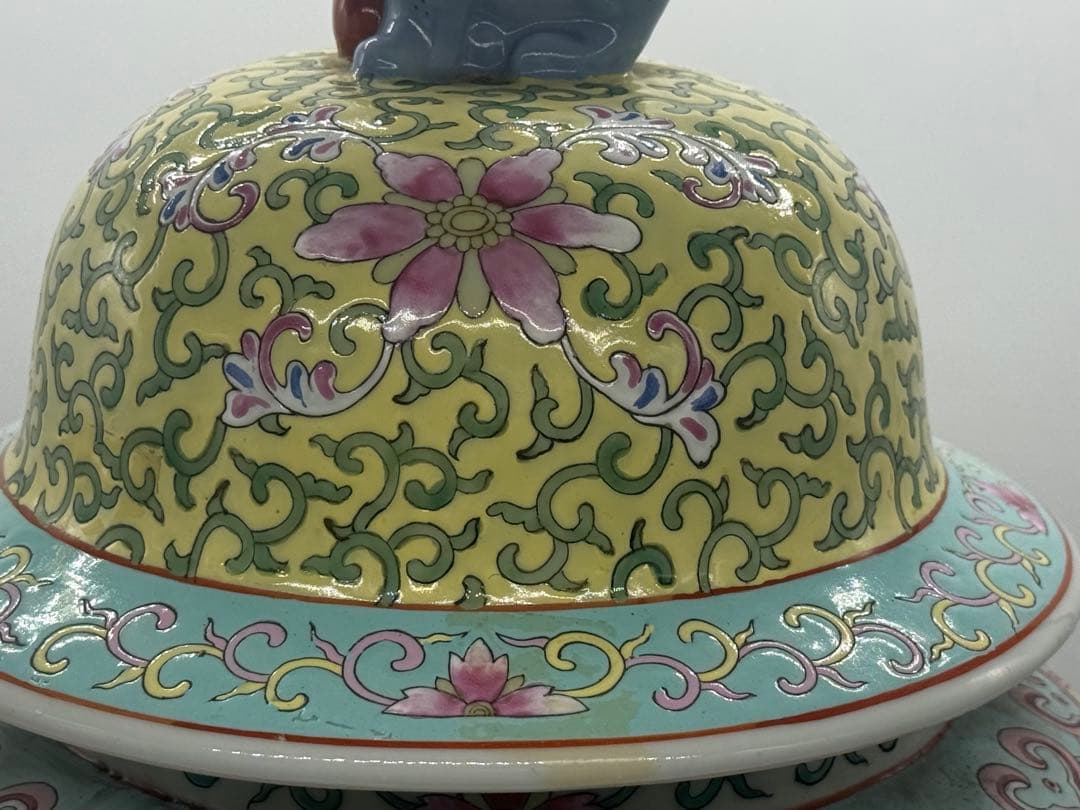 中国　清時代　粉彩　獅子摘み　花鳥紋大壺　送料込み251224