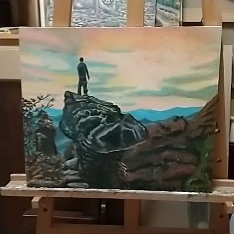絵画、アクリル画、F8号、妙義山の岩山に立つ男　佐原聖春