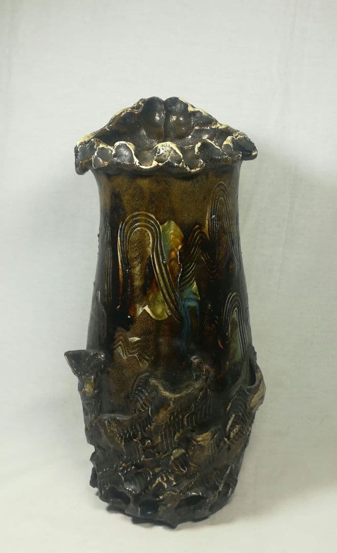 陶印あり　古上野焼　貼花　花入　花器