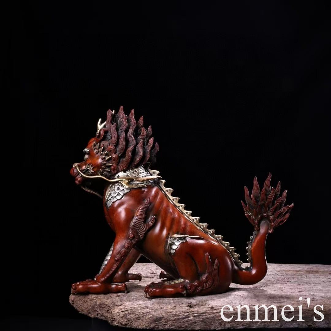 中国古美術・旧蔵鎏金鎏银の麒麟置物・瑞獣・純銅制・高浮彫・案頭・文房・禮品・風水