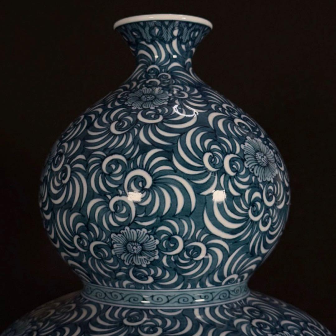 【真作】蔵出し 藤井勝雲 染付細密蛸唐草牡丹 瓢型大飾壷 35cm 有田焼 瑞祥