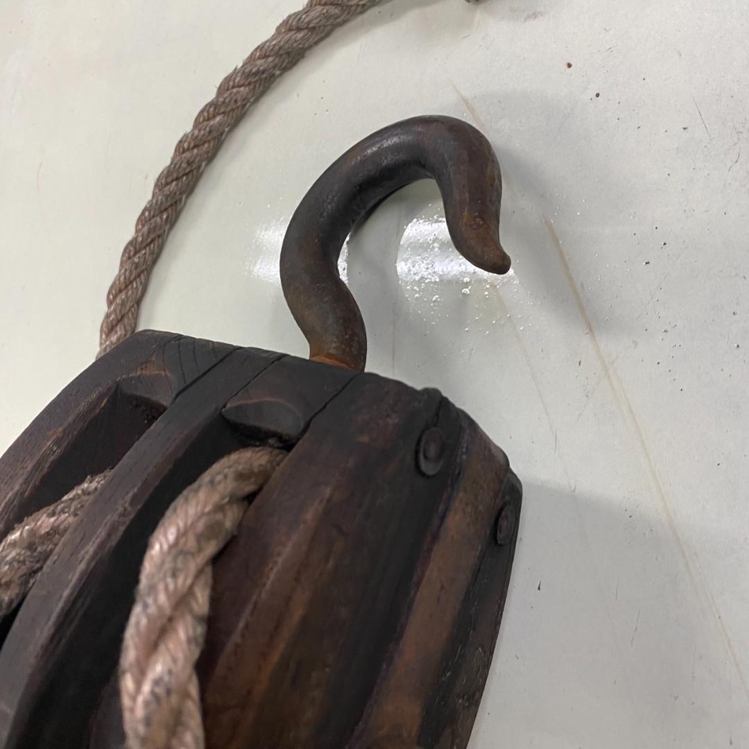 昭和レトロ　木製滑車セット　ロープ付き