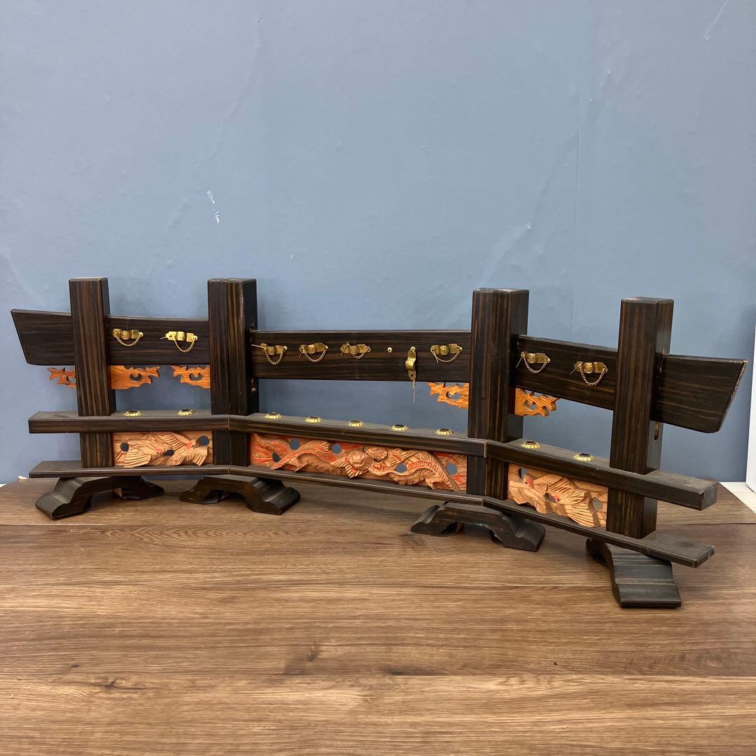 A-1 昭和レトロ 木製 弓矢台 刀掛け 刀台 飾り台 龍彫刻 金具付 五月人形