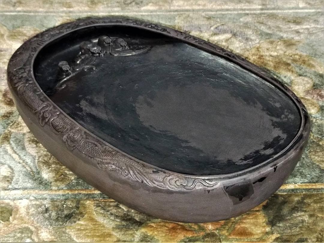 ♥中国　端渓　硯　双龍蝙蝠紋　大型　5.7ｋｇ　端渓硯　骨董品