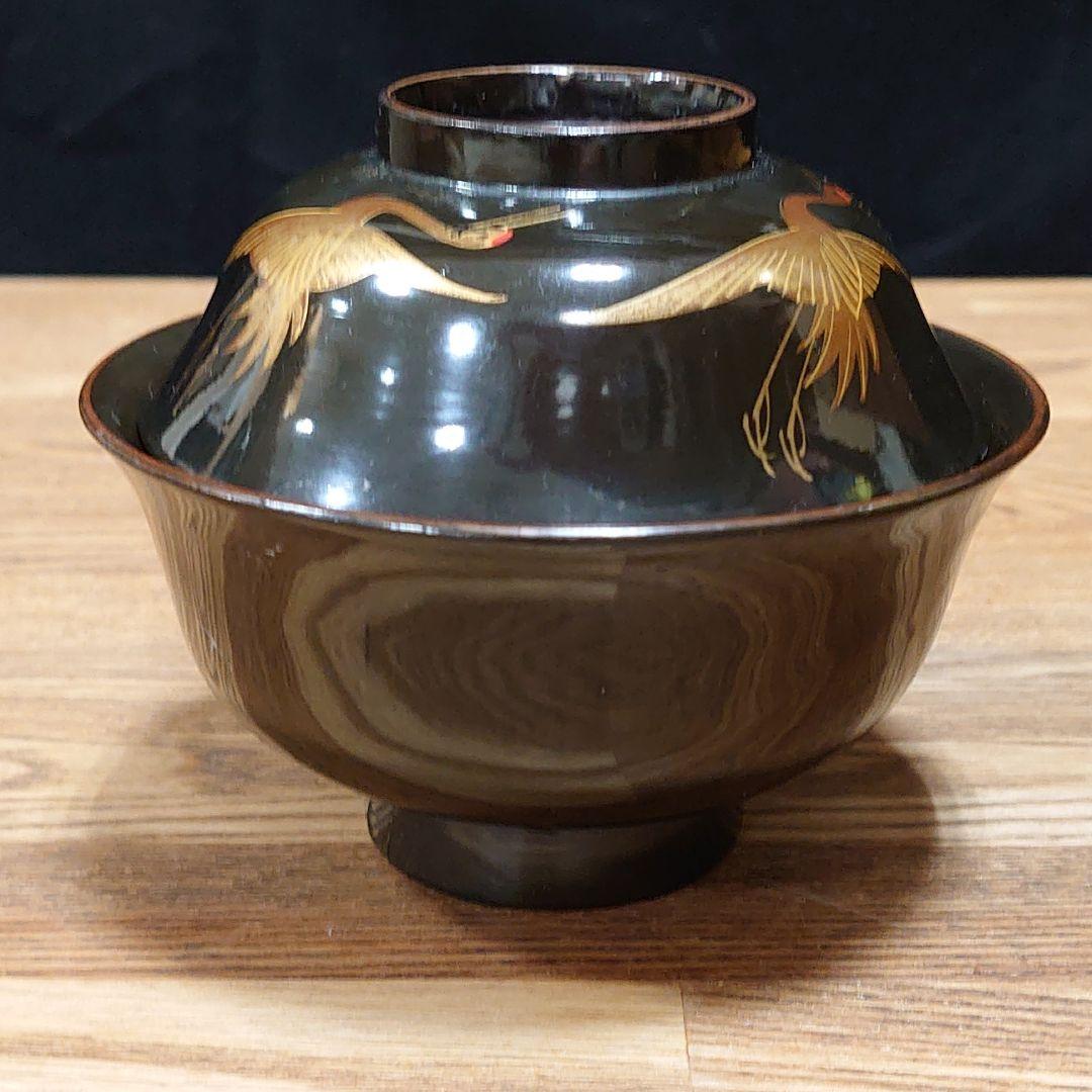 昔の吸物椀9客セット「あA13 漆器 蒔絵 鶴 松 明治 大正 昭和 江戸」
