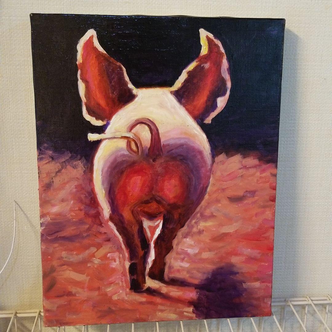 油絵　専用　夕方帰る子豚