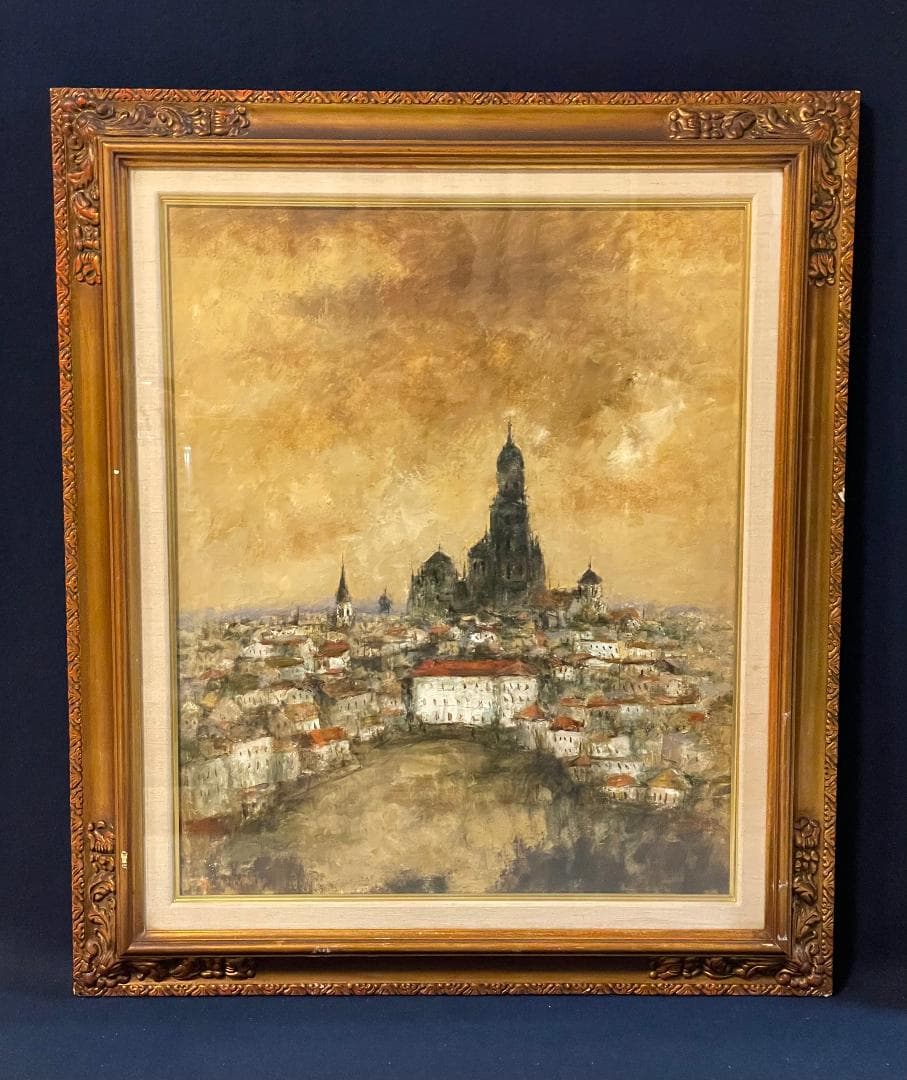 【模写】千本裕三「教会の見える丘」風景画　油彩画　額装　サイン有り　F15号