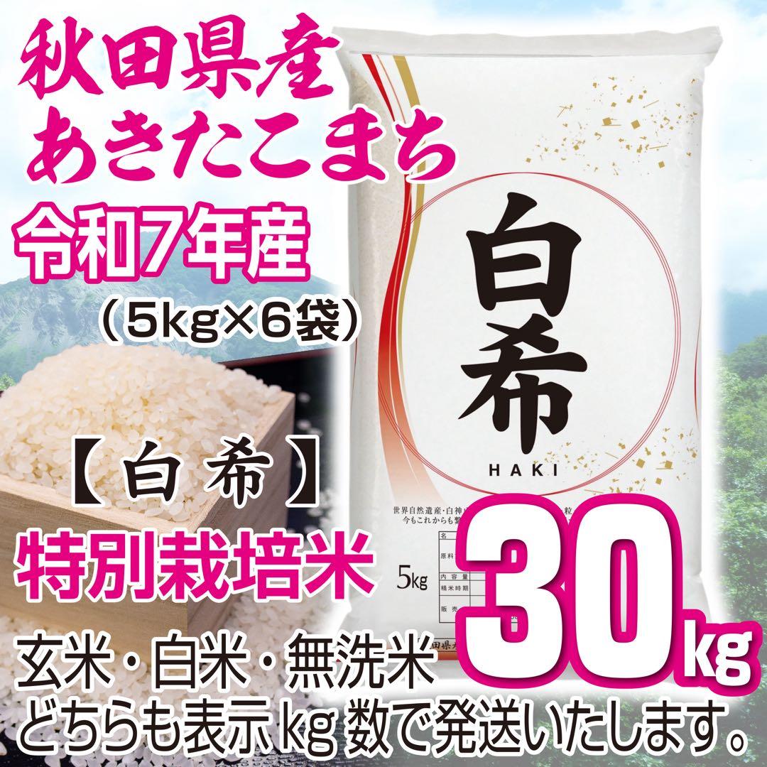 農家直送 令和７年産 秋田県産あきたこまち 特別栽培米【白希】３０kg