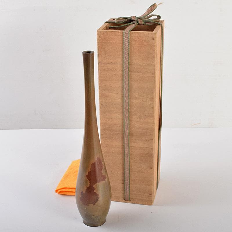 平安　秦蔵六造　斑紫銅　鶴首花生　箱蓋無し　M　R5035